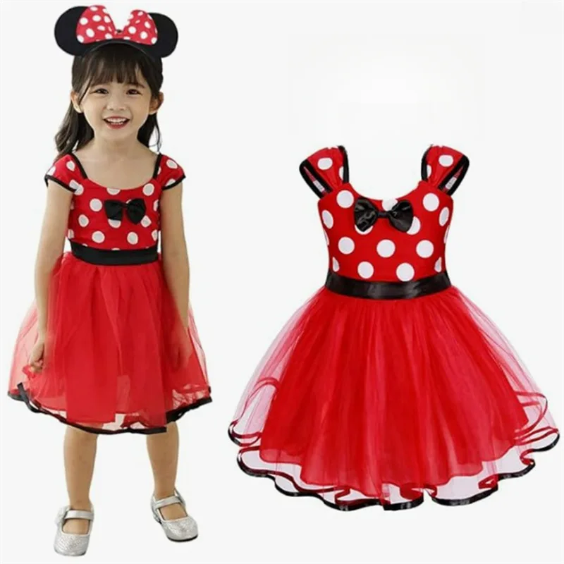 

Disney Minnie Mouse Polka Dot Dress Girls Pink Red Summer Clothes Children Birthday Carnival Xmas Party Bow Mesh Gown Costumes
