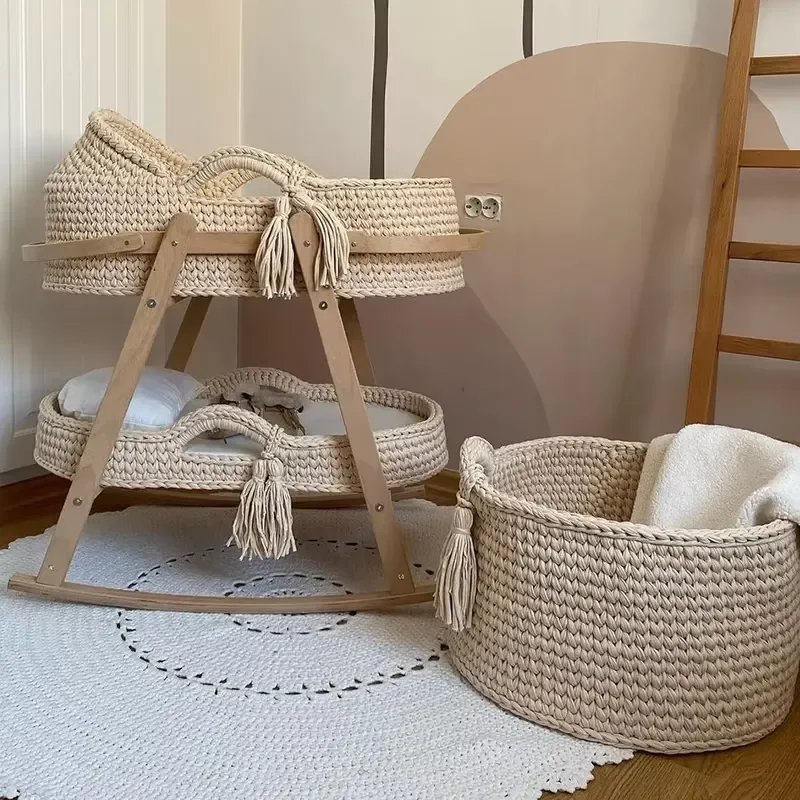 Custom Cotton Crochet Baby Moses Basket with Waterproof Mattress Portable Newborn Diaper Change Bed Handmade Infant Sleeping