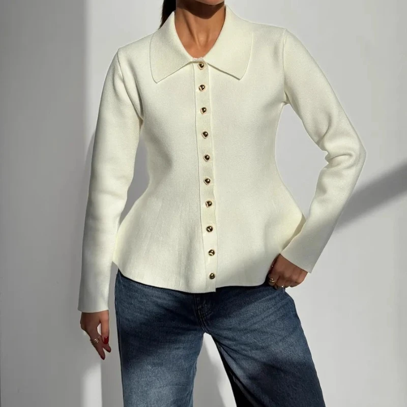 TARUXY-suéter tejido con solapa para mujer, moda con dobladillo acampanado, manga larga, un solo pecho, suéter de punto ajustado para ocio, abrigo para mujer de otoño