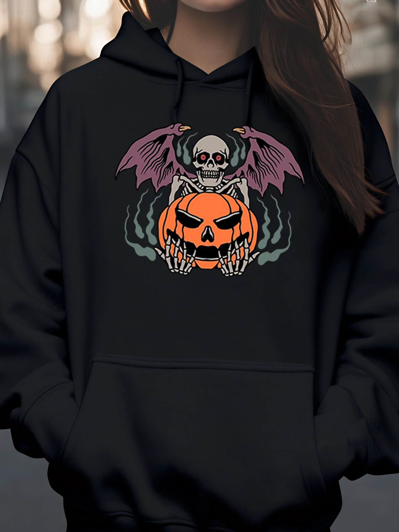 الهيكل العظمي اليقطين الخفافيش طباعة هالوين هوديي ملابس عادية للنساء #1