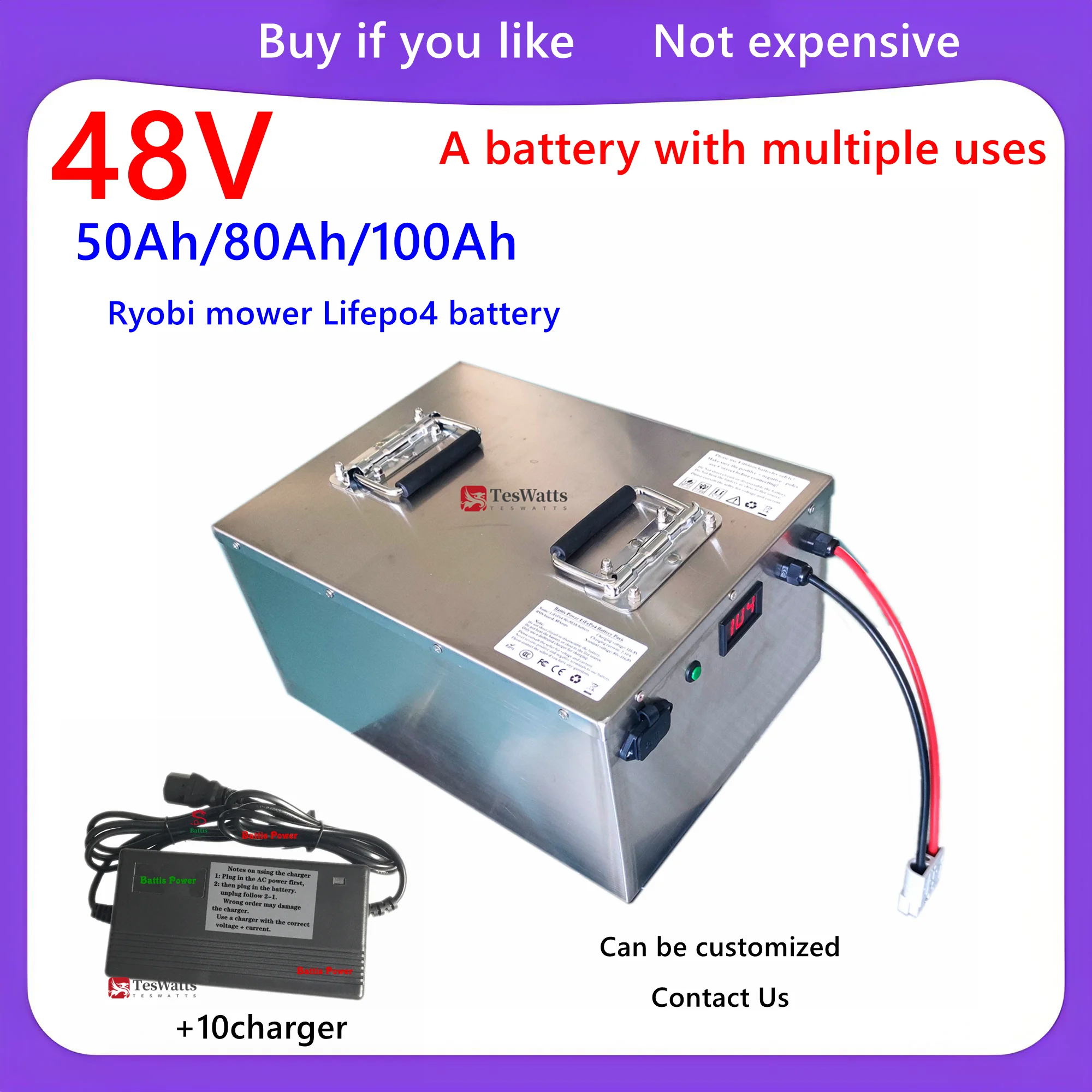 

48V 50AH 80Ah 100Ah Lifepo4 battery pack for Ryobi RM480e RM300e ZT480ex 300MV Zero Turn riding mower +10charger