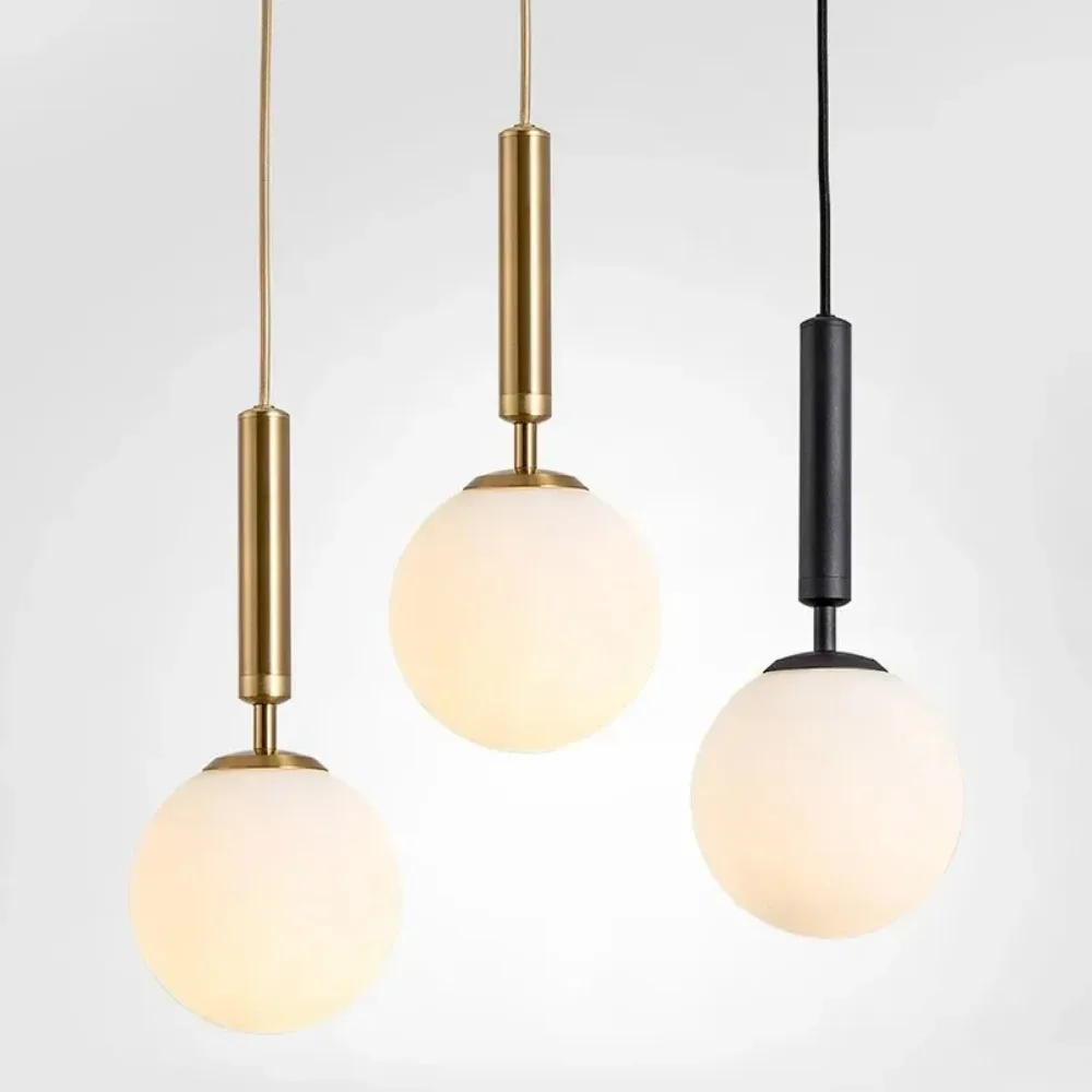 Modern LED Glass Pendant Light Brass Black Milk Ball Chandeliers Lighting for Bedroom Dining Stairs Ceiling Hanging Lamp Lustres