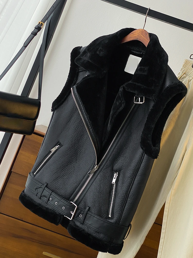 

FTLZZ New Autumn Winter Women Fashion Loose Thick Warm Vest Streetwear Lapel Faux Leather Jacket with Belt Black Sleeveless Coat