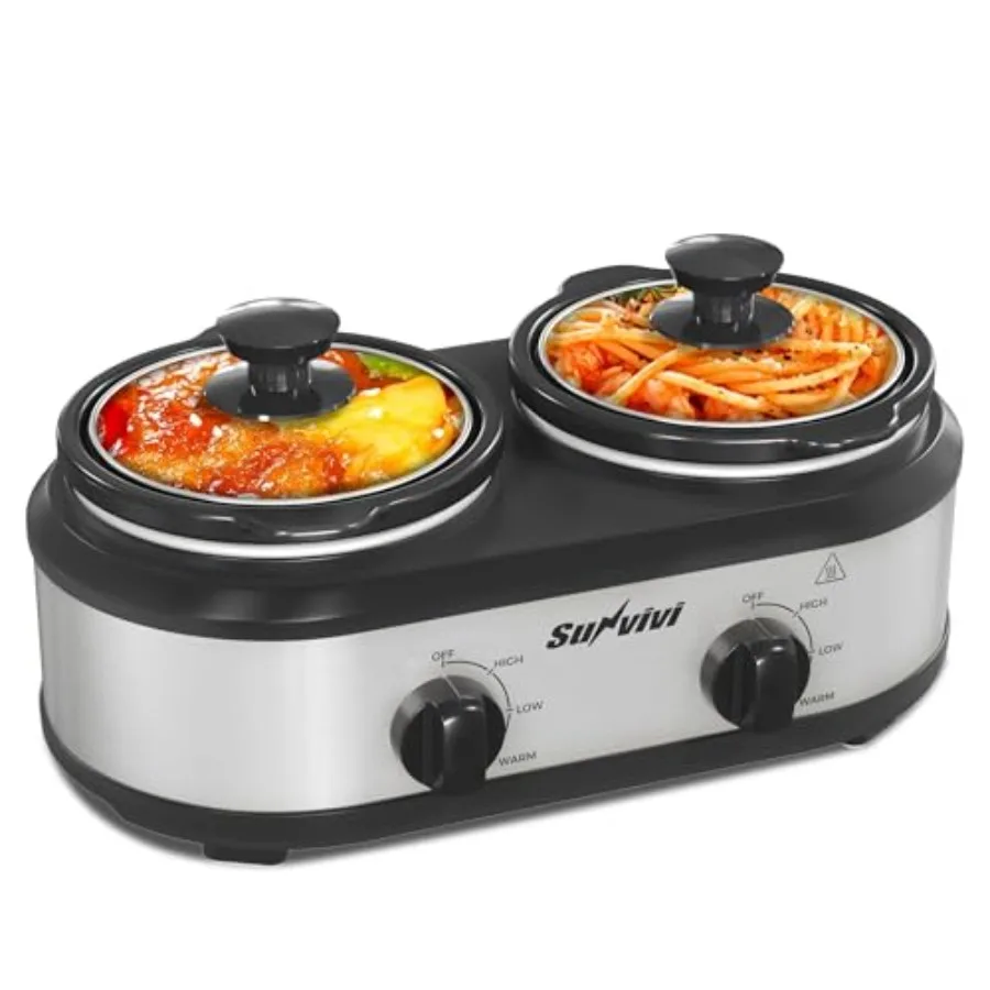

Dual Slow Cooker Buffet Server and Food Warmer Small Mini Pot with 3 Adjustable Temp and 2 Visible Glass Lids for Parties Holid