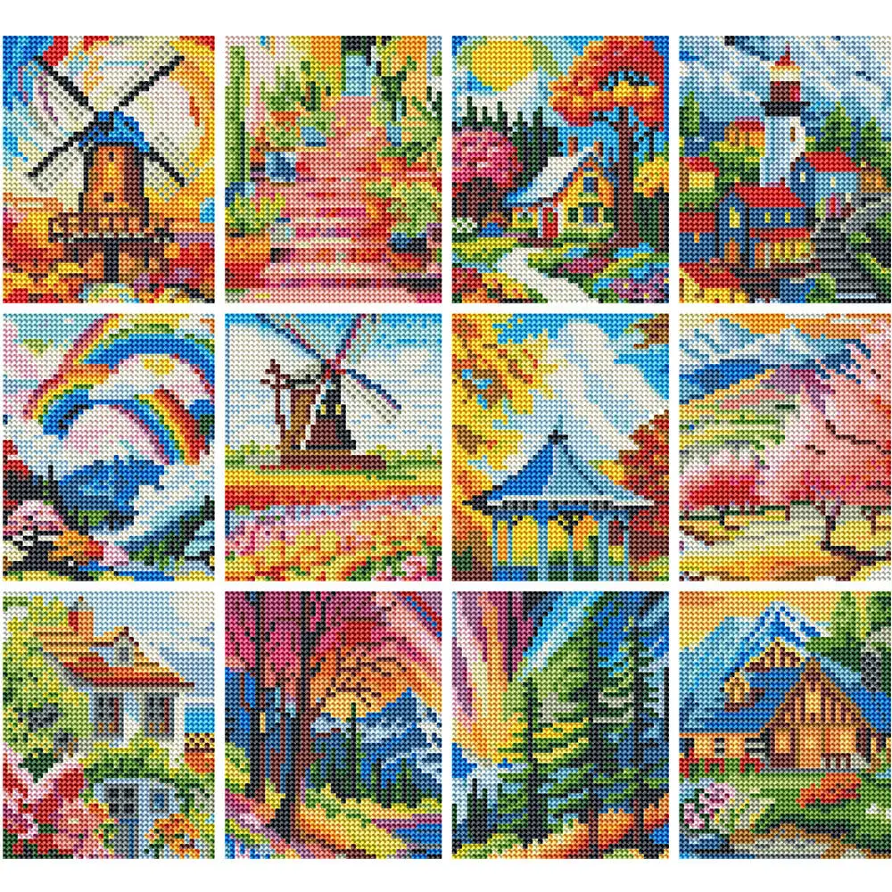 Momoart 12-teiliges Diamantgemälde, Landschaft, Windmühle, Haus, DIY, rund, Diamantmosaik, Bergleuchtturm, handgefertigt, Hobby