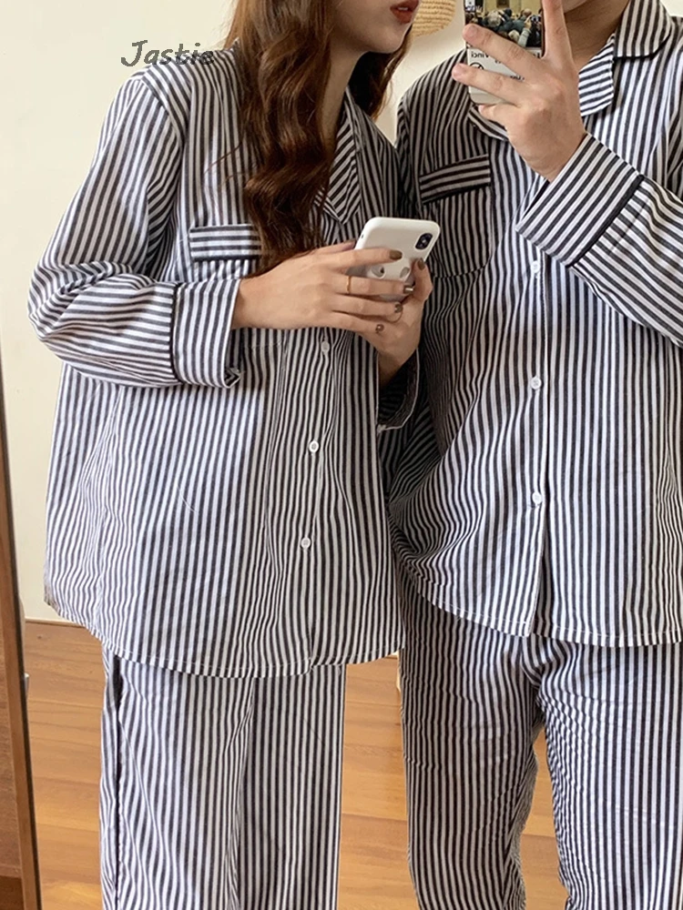 Simple Fashion Casual Striped Cotton Pajamas Suit Couple Wear Spring Long Sleeve Shirt Straight Pants Sets For Women 2 Pieces