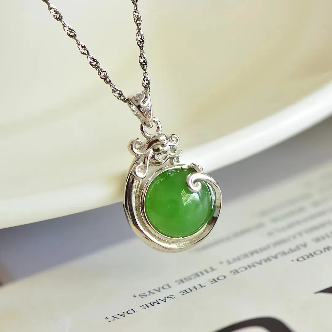 S925 Silver Inlaid Jasper Pendant Natural Hetian Jade Necklace Pendants Retro Auspicious Dragon Jewellery Gifts Women Jewelry