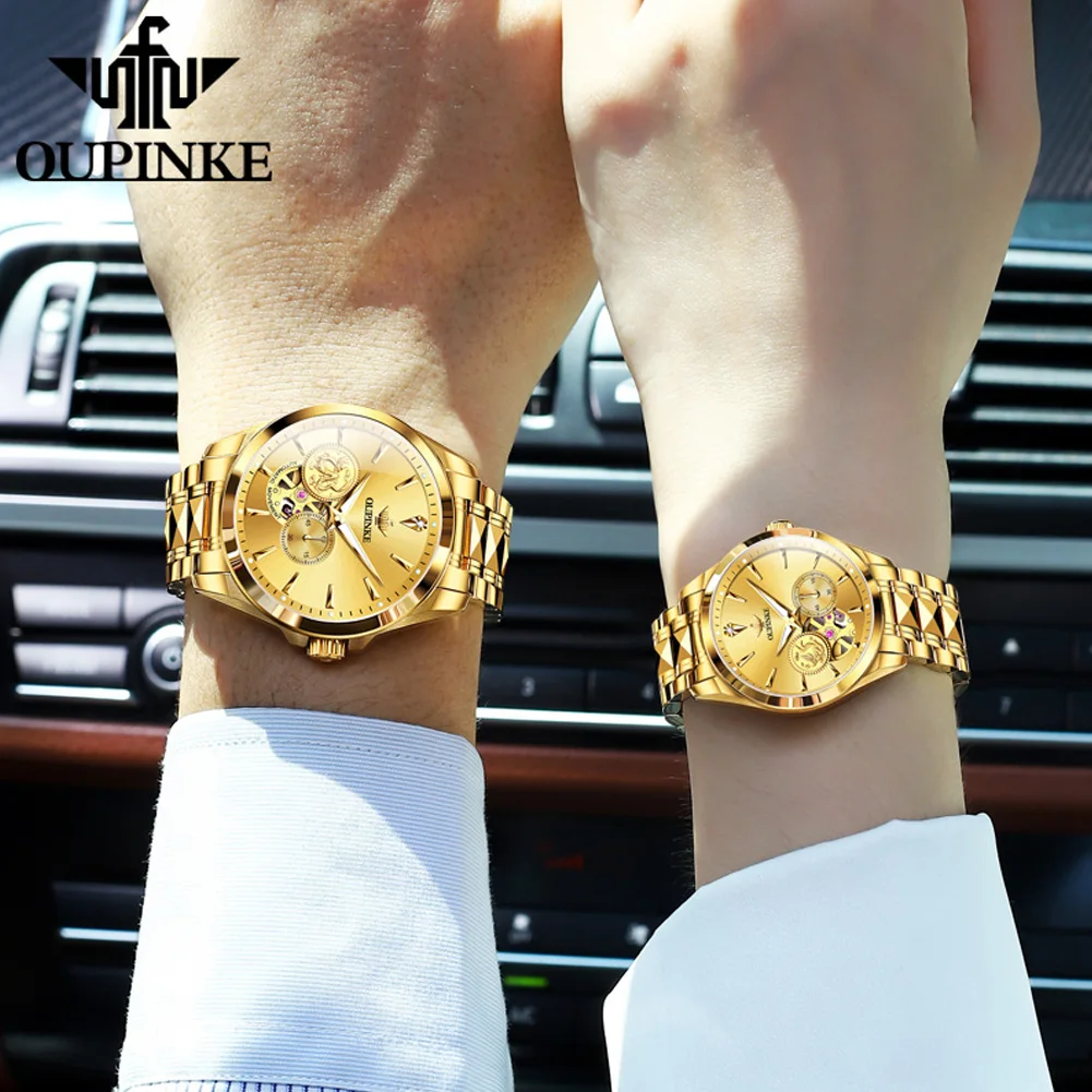 OUPINKE 3260 Real Gold Real Diamond Couple Watch Pair for Men Women Skeleton Chronograph Luxury Automatic Mechanical Wristwatch