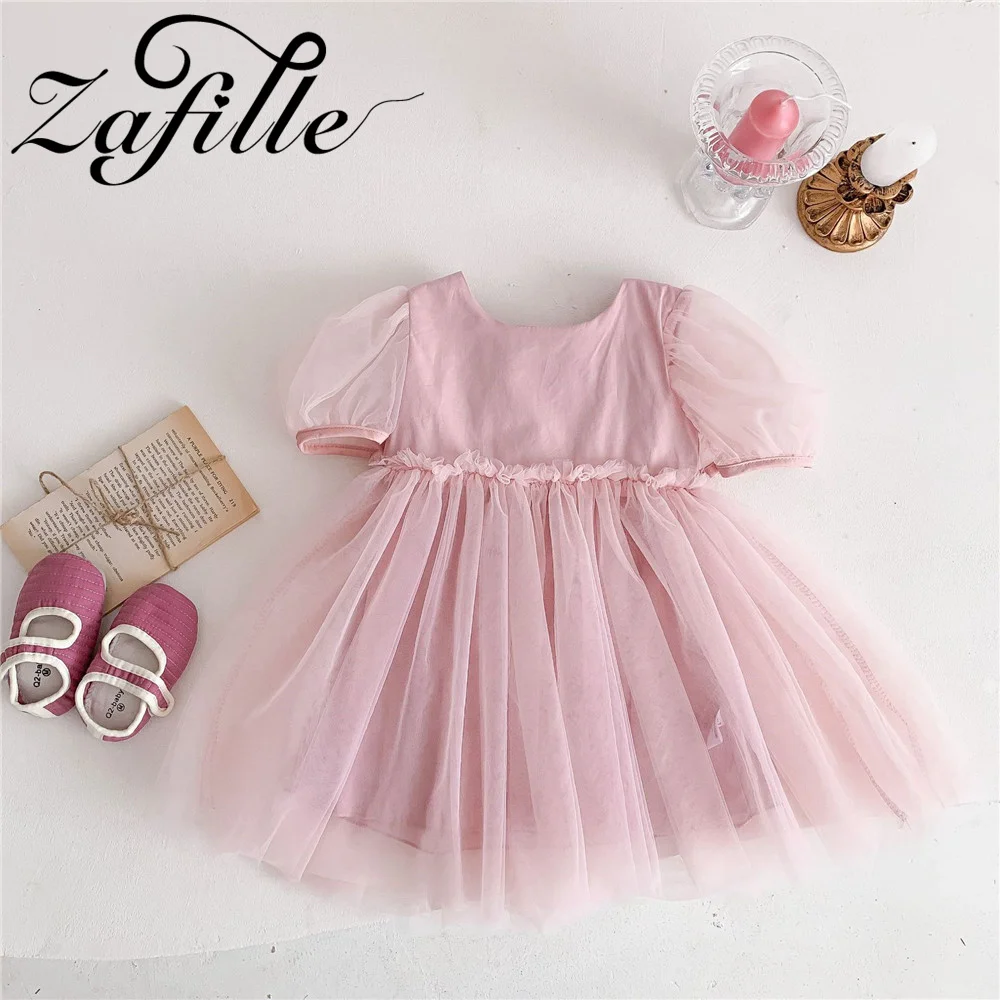 

ZAFILLE Pink Mesh Dress Girls Baby Clothes Puff Sleeves Kids Toddler Costume Party Girls Princess Dresses Cute Children Outfits