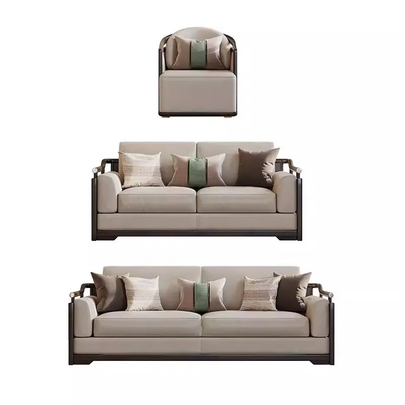 

ombination solid wood leather light luxury villa living room size apartment high-end ebony furniture
