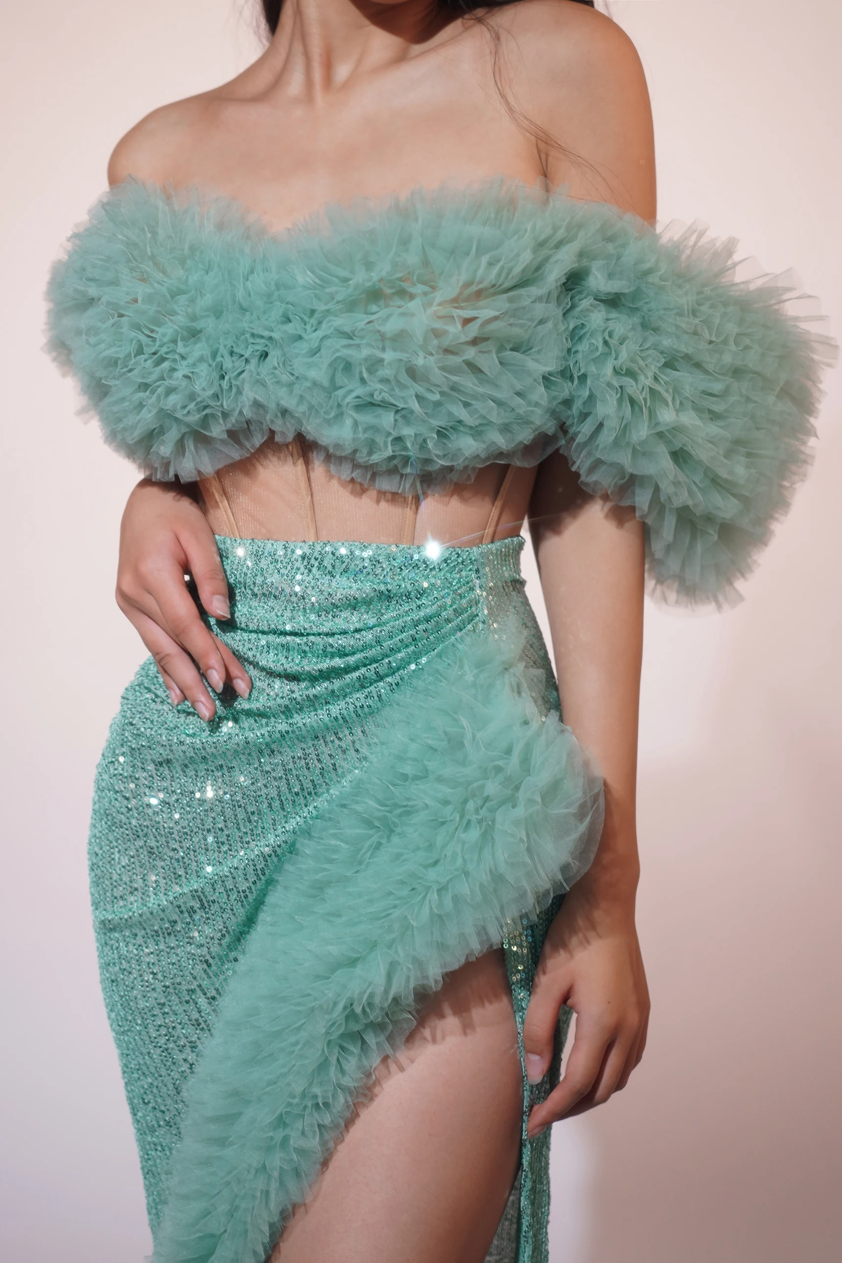 VOORRAAD Vrouwen Sparkle Sequin netting Sexy Twee Stukken Lange Jurk Diner Club Vieren Bruiloft Verjaardag Jurk Fotoshoot Kostuum