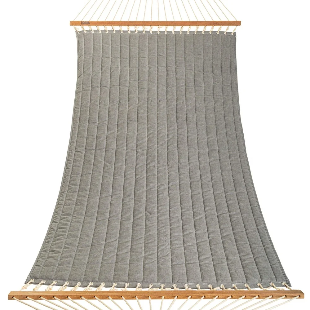 Large Cast Slate Sunbrella Quilted Hammock – 13 ft. x 55 in. 2 Person 450 lb Capacity Cumaru Spreader Bar Zinc Plated Hardware –