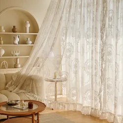 Romantic French White Floral Ruffled Lace Sheer Curtains For Bedroom Girls Room,Window Tulle Drapes Kitchen Wedding Decoration