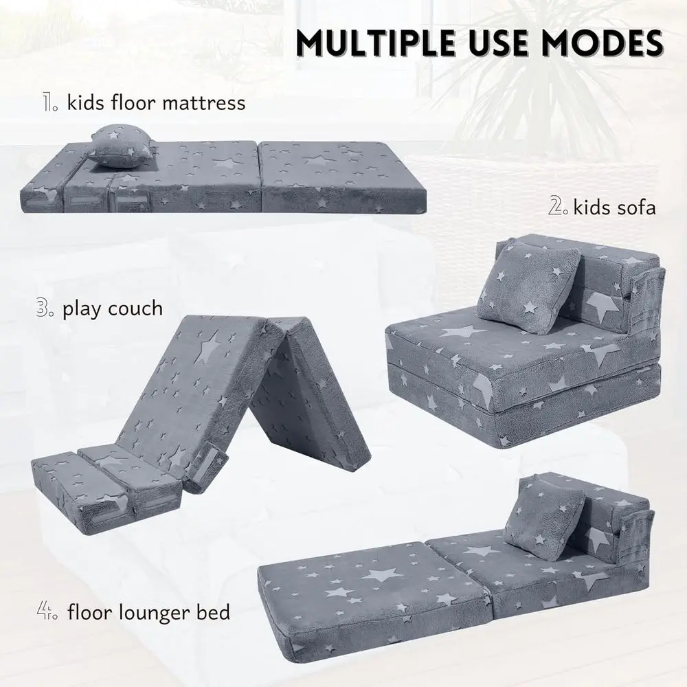 أريكة سرير قابلة للتحويل مع مرتبة أرضية متوهجة على شكل نجمة وكرسي فوتون قابل للطي |   حصيرة صالة قطيفة لغرفة اللعب |   تتضمن P