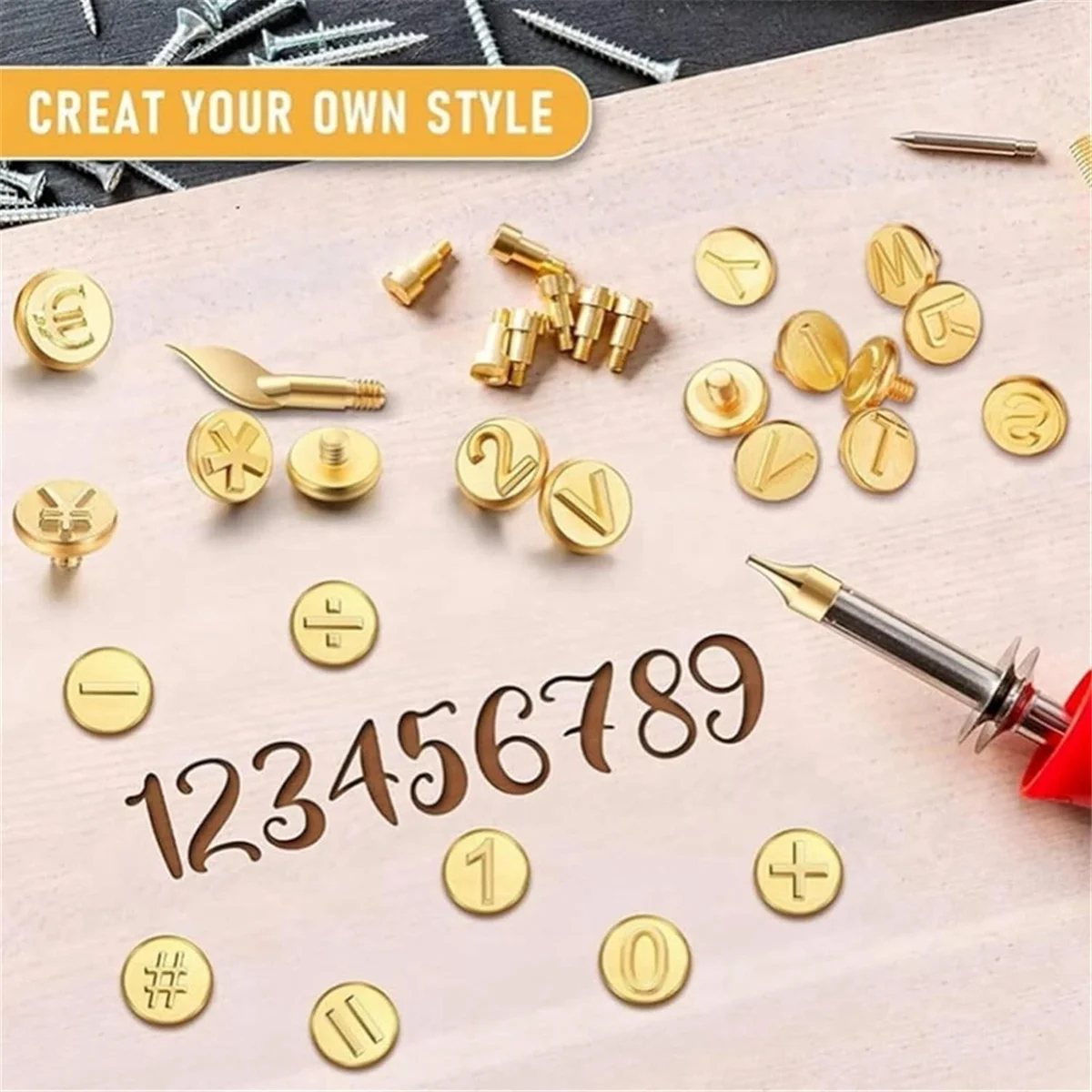 DIY Wood Burning/Carving Set, DIY Wood/Leather Burning Set-26 Letters Copper Mold, Wood Craft Embossing Carving,US Plug