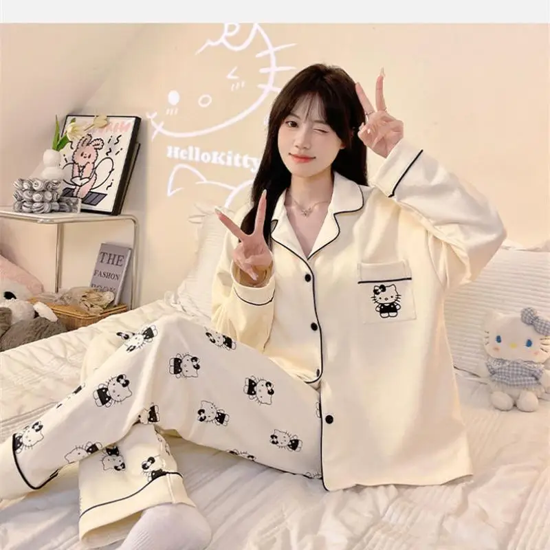 

Kawaii Sanrio Hello Kitty с длинными рукавами на весну и осень с нагрудником для уличной одежды для студенческой домашней одежды, повседневные пижамы