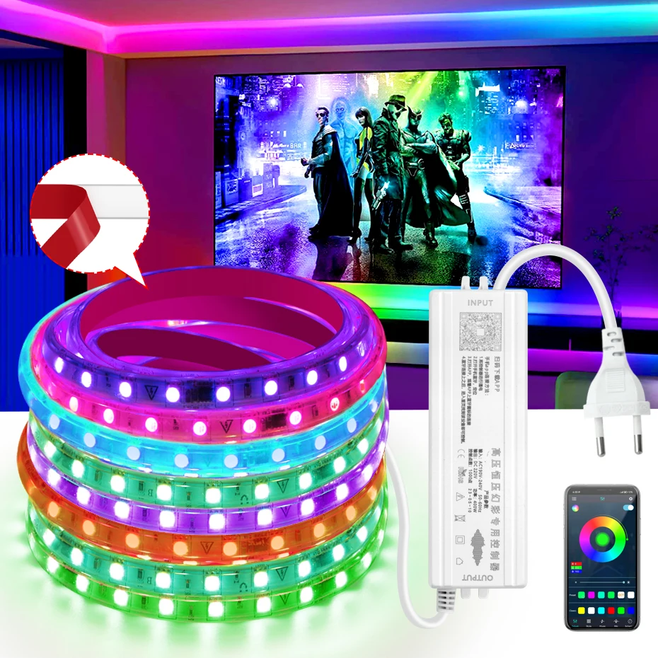 Smart RGBIC LED Strip Light APP Bluetooth Control Adhesive Tape AC 220V RGB Ribbon SMD 5050 Waterproof For Home DIY Decoration