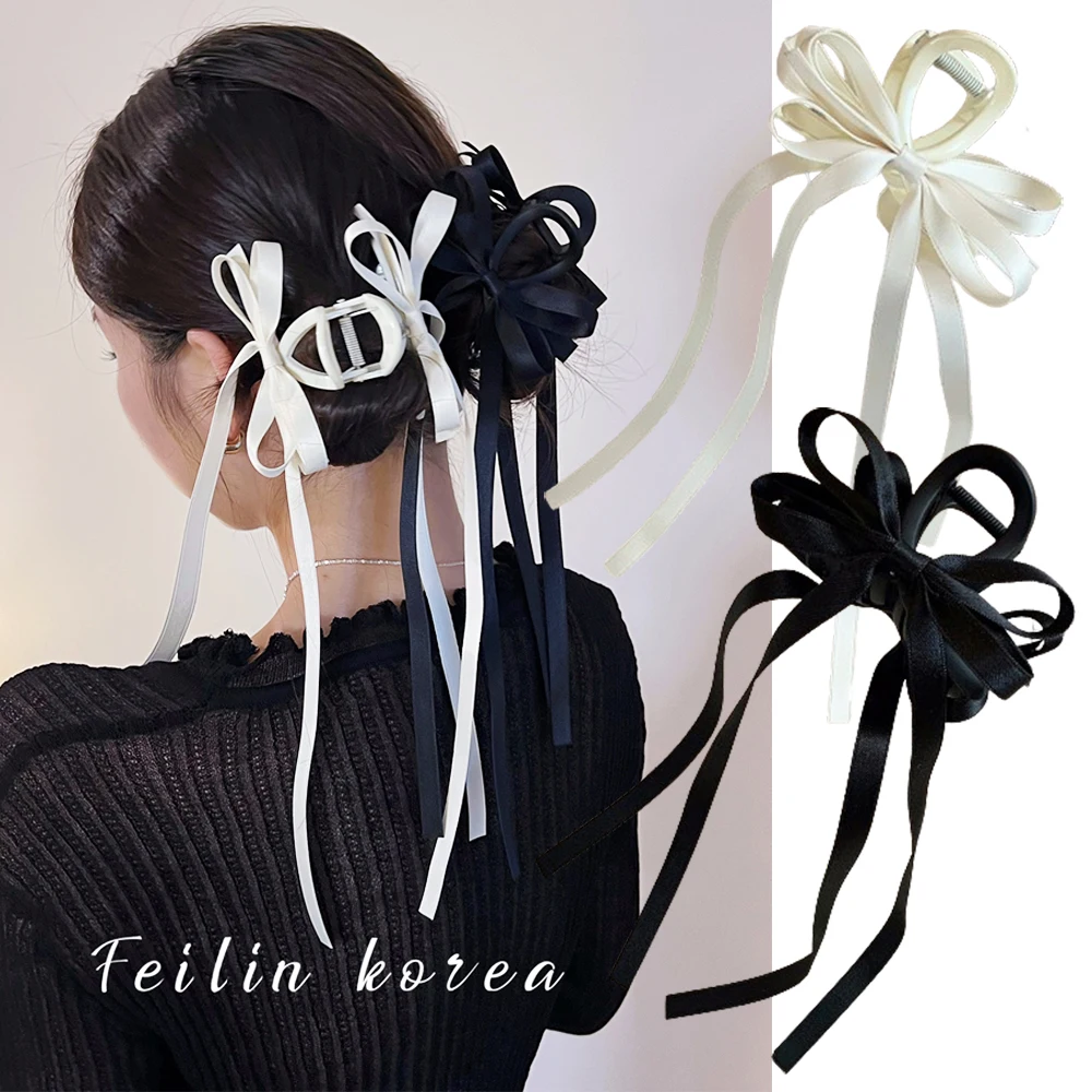 Y2k Long Ribbon Bowknot Hair Claw Big Bow Women Girls Hair Clips Back of Head Shark Clip Hairpin Korean Fashion Hair Accessories