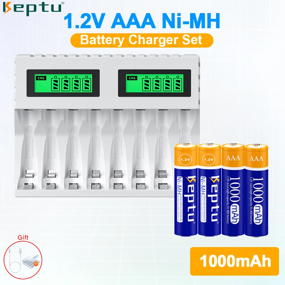 KEPTU AAA Ni-MH Battery 1000mAh AAA Akumulator + 8-gniazdowy akumulator 1,2V AA/AAA Szybka ładowarka do zabawek samochodowych Automat do gier
