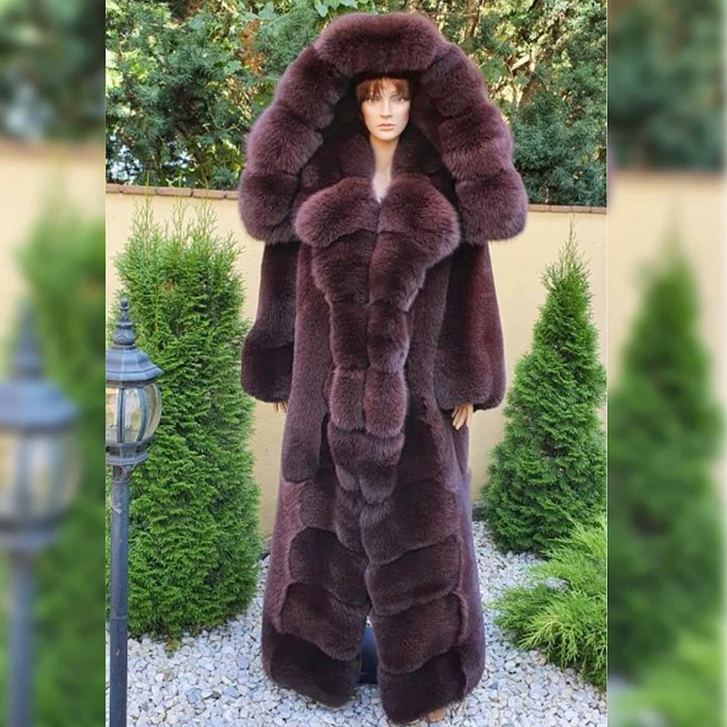 ของแท้ Full Pelt Fox Fur แจ็คเก็ตสตรีฤดูหนาว Vintage Wine Red Hooded ตรง Outertwear หรูหราจริงฟ็อกซ์ขนสัตว์หญิง