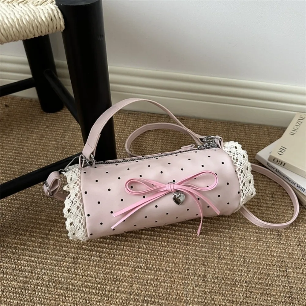 Cute Polka Dot Polka Dot Handbag Lace Trim Zipper Closure Bow Shoulder Bag Adjustable Strap Cylinder Handbag Gifts