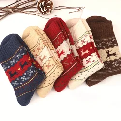 5 Pairs Winter Socks Women Men Thickened Warm Wool Socks Elk Deer Print Patterned Comfy Mid Tube Christmas Socks Gift Winter