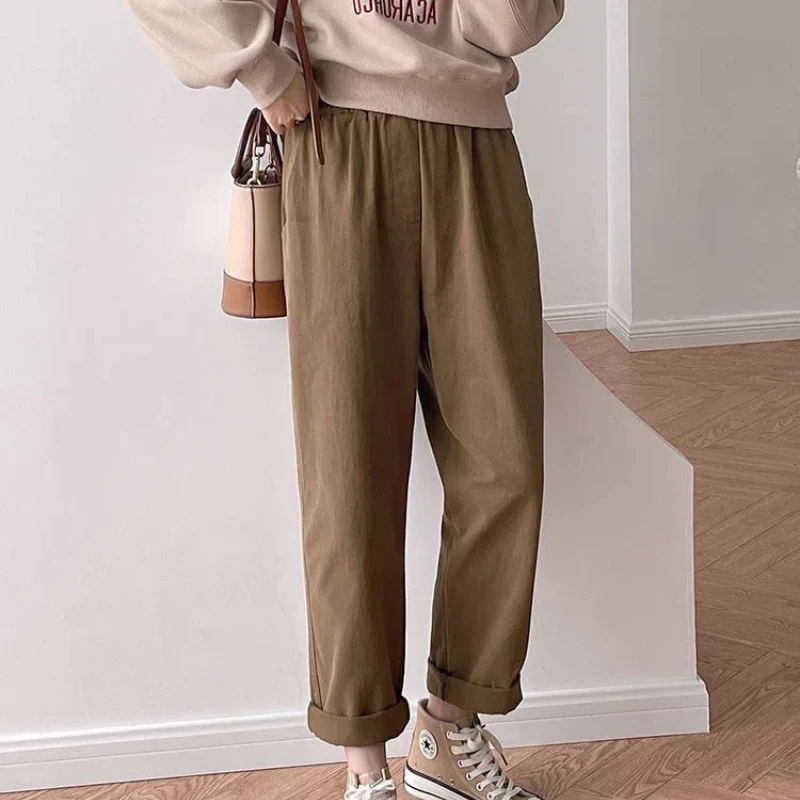 Early Autumn Casual Work Pants for Women Made of Pure Cotton with Elastic Waistband Loose Fitting Straight Leg Haren Pants