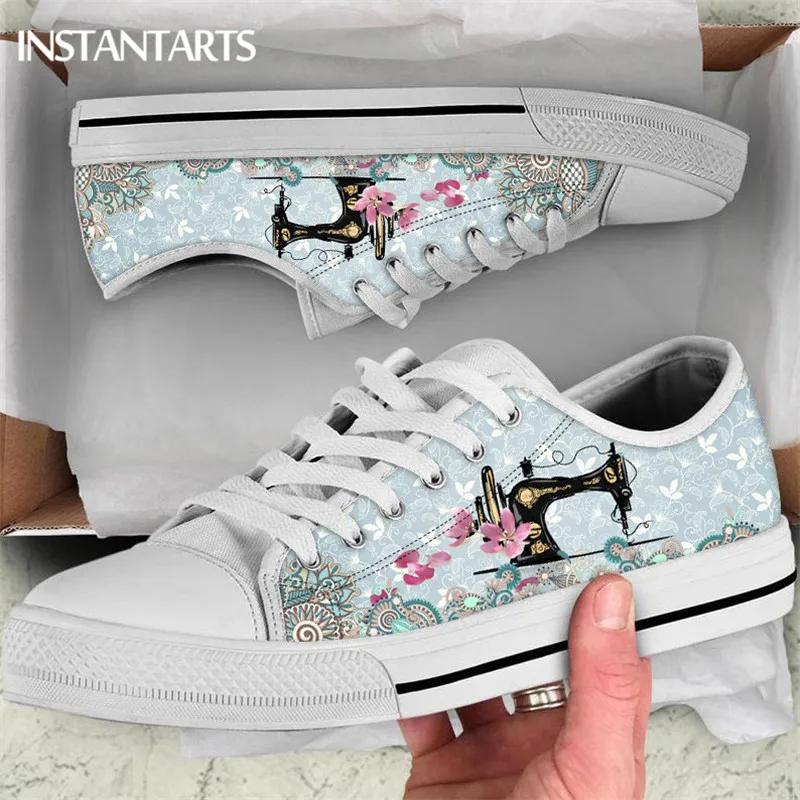 INSTANTARTS Classic Low Top Shoes Sewing Machine Women Canvas Vulcanize Shoes Bohemia Style Print Sneakers for Youth Girl Tennis