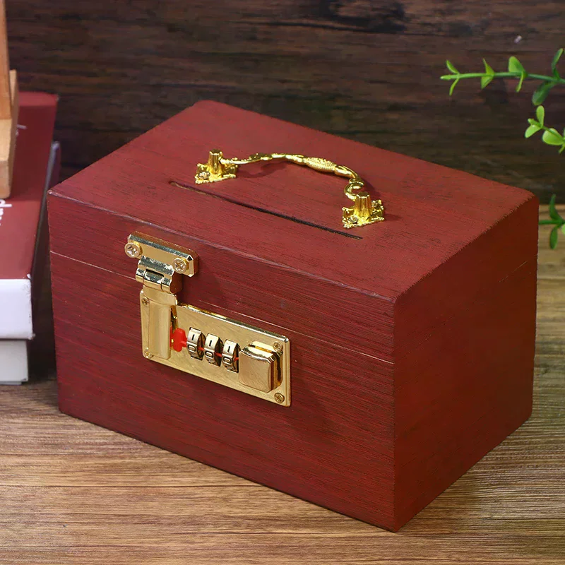Wooden Box Password Lock Money Saving Coin Box Piggy Bank Organizer With Lock Treasure Box For Cards Dollars Cents Kids Gifts