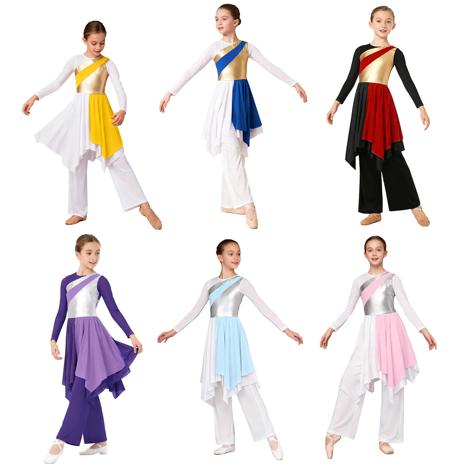 طفل الفتيات الثناء الرقص الغنائي الزي العبادة أداء زي طويل الأكمام لامع كتلة اللون فستان مع مجموعة السراويل واسعة الساق