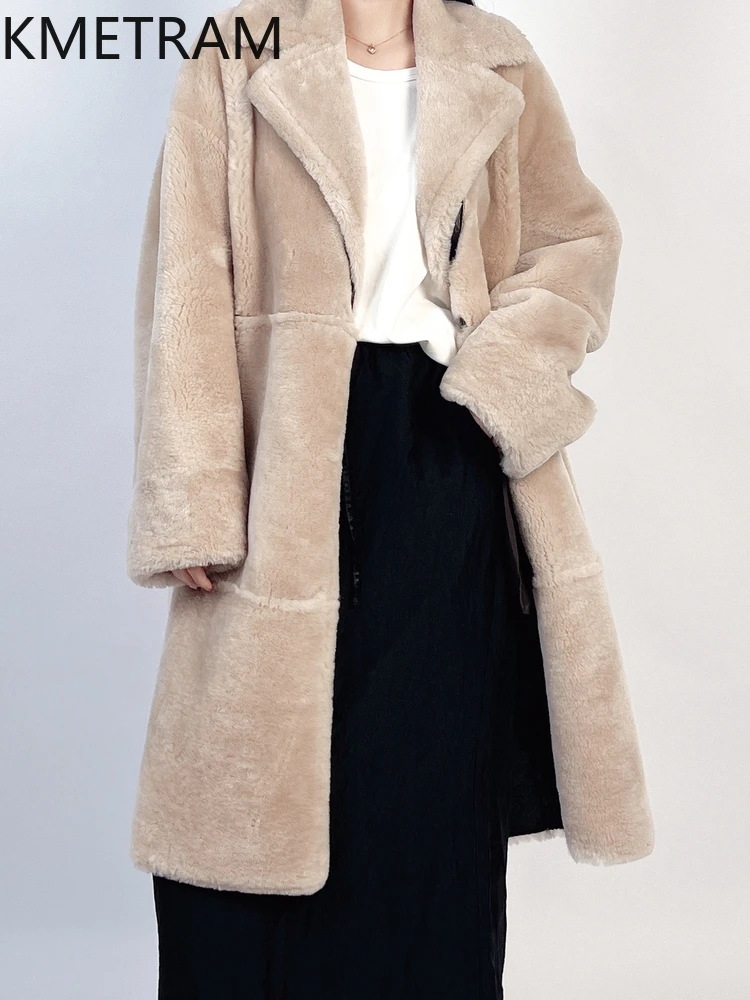 KMETRAM جلد الغنم ميرينو الطبيعي مع معطف مرفق من الصوف سترة طويلة من الفرو الحقيقي ملابس نسائية شتوية