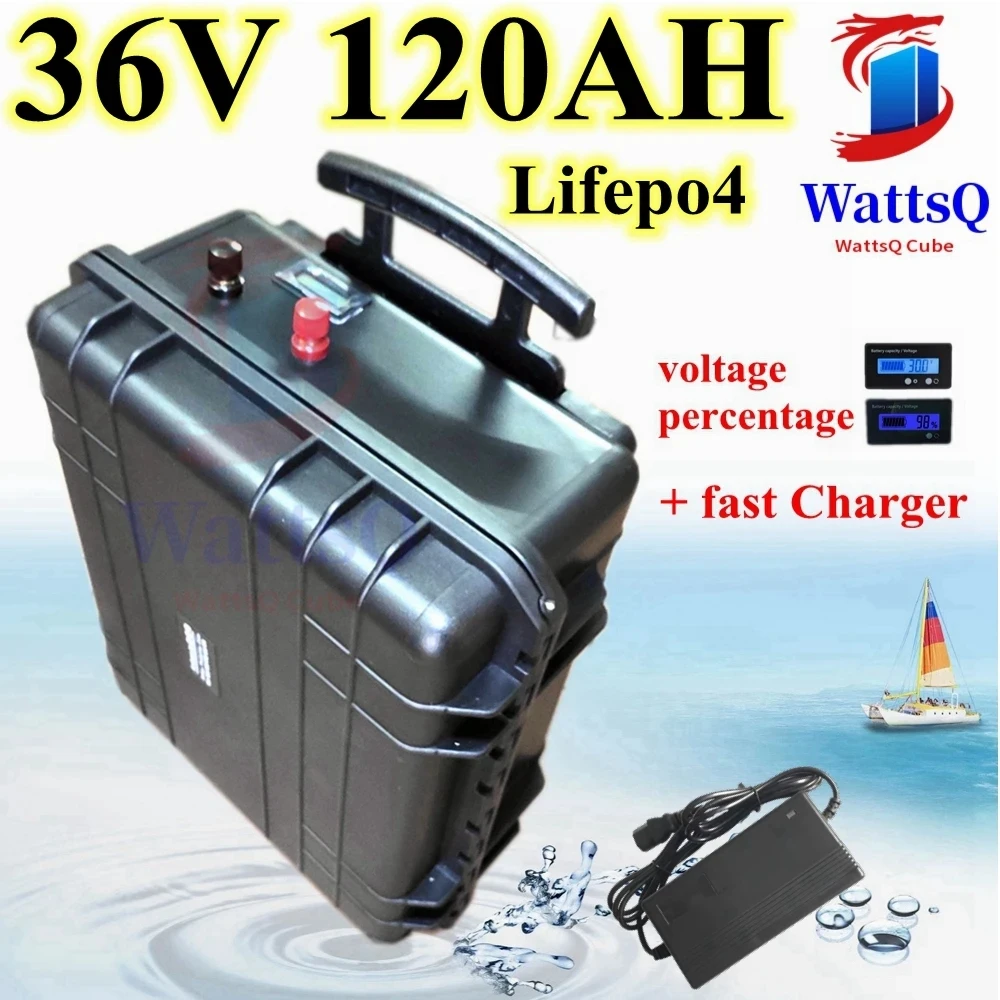 

waterproof 36V 120AH Lifepo4 lithium battery BMS with wheel trolley case for 4000W scooter bike boat inverter +10A Charge