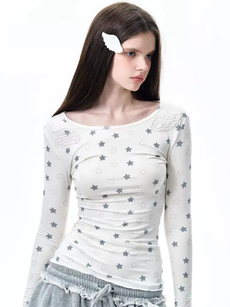 

American retro spicy girl star print wings embroidery long sleeved women's T-shirt Spring and Autumn Y2K millennium women's top