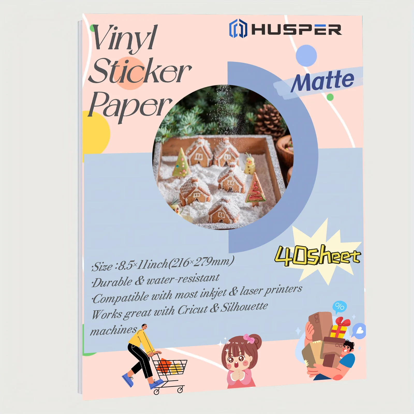 HUSPER 8.5×11 inch 40 Sheets Matte Waterproof Premium Printable Vinyl Sticker Paper for Inkjet Printer Self-Adhesive Sheets