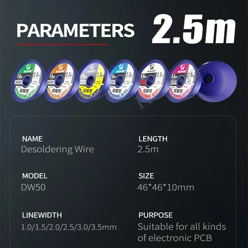 Meccanico DW50 forte rame dissaldante filo treccia saldatura stoppino Remover 1.0/1.5/2.0/2.5/3.0/3.5mm saldatura stagno ventosa strumenti BGA