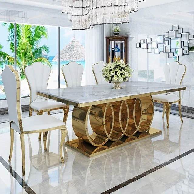 

#For Luxury contemporary rectangular marble top dining table set 6 chairs stainless steel dining tables