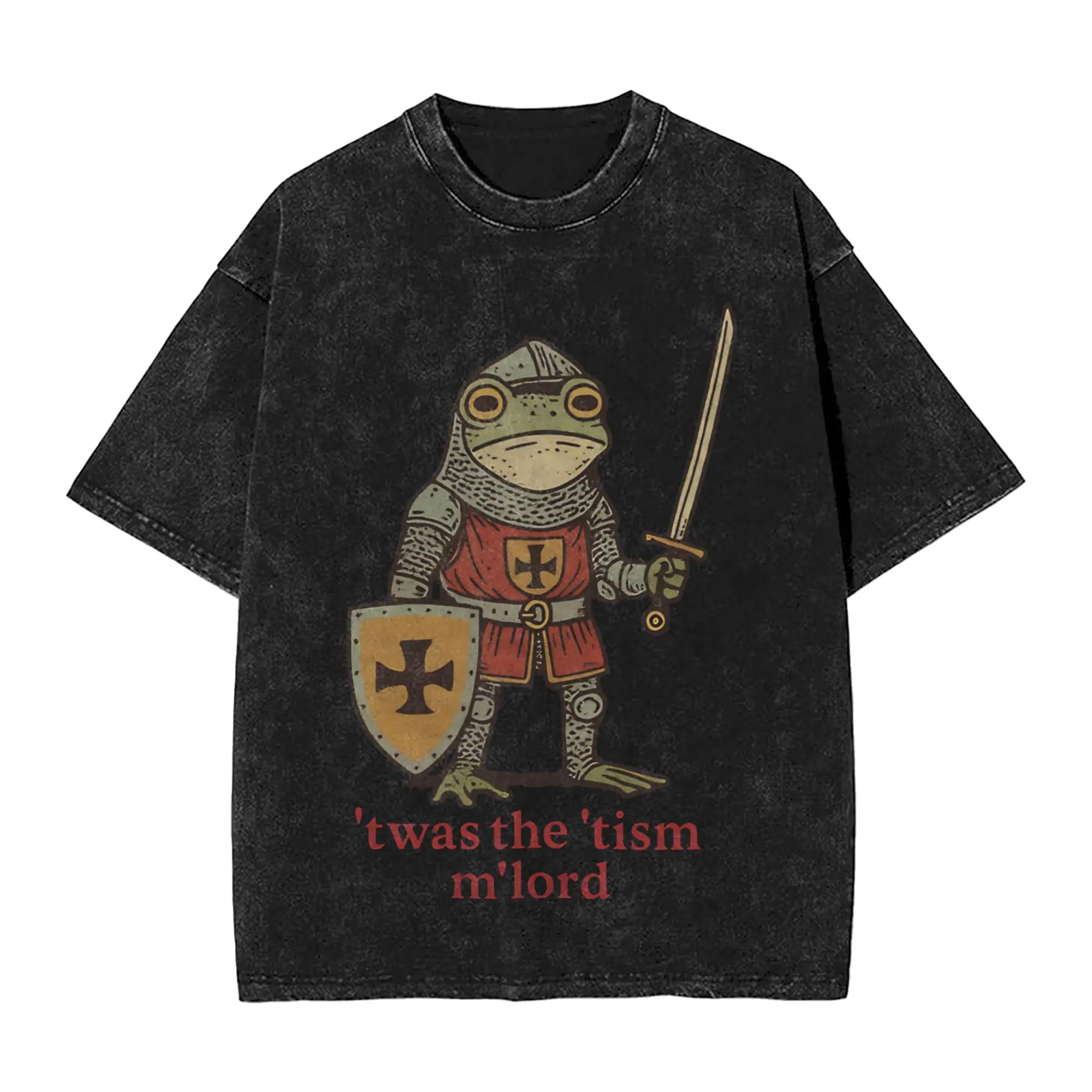 Twas the ’Tism M Lord  Medieval Frog Templar Cross Knights Apparel Washed T Shirts for Men Women Streetwear Hip Hop T-Shirt