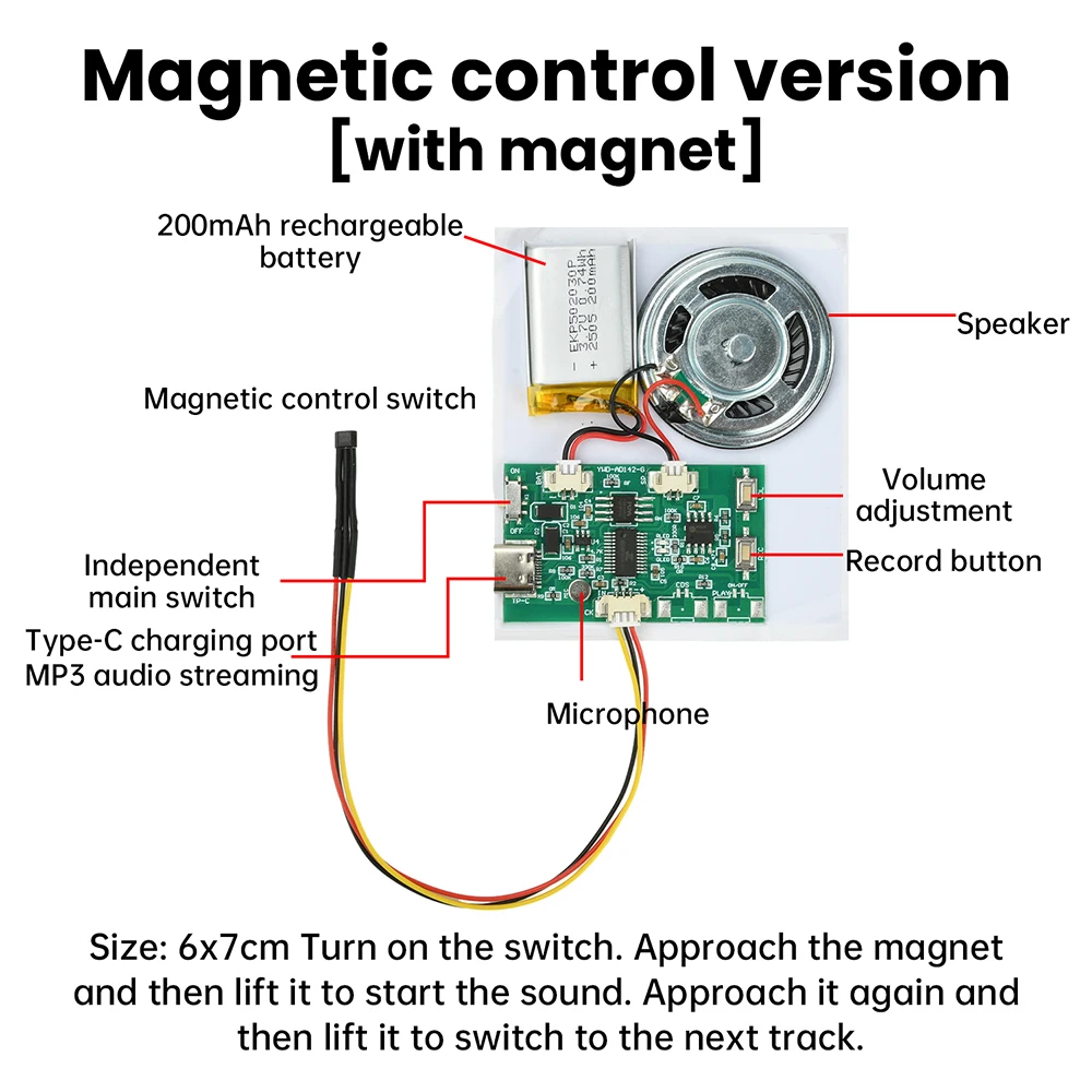 Audio Voice Recording Playback Module Button/Light Control/Magnetic Conrol with Extension Cord for Greeting Card