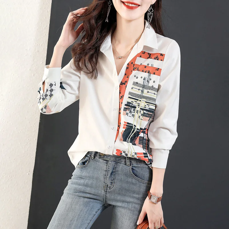 

Fashion Lapel Printed Spliced Long Sleeve Oversized Button Shirt 2022 New Commute Tops Loose Casual Female Clothing Blouse