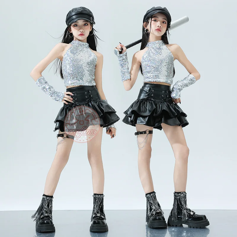 Mädchen K-Pop Silber Jacke Leder Stufenrock Cargohose Kleidung Set Kinder Hip Hop Street Dance Kostüme Kind Teenager Streetwear