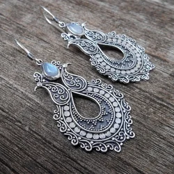 Vintage Silver Color Metal Hand Carving Patterns Hook Earrings for Women Jewelry Water Droplet Inlaid Stone Dangle Earring