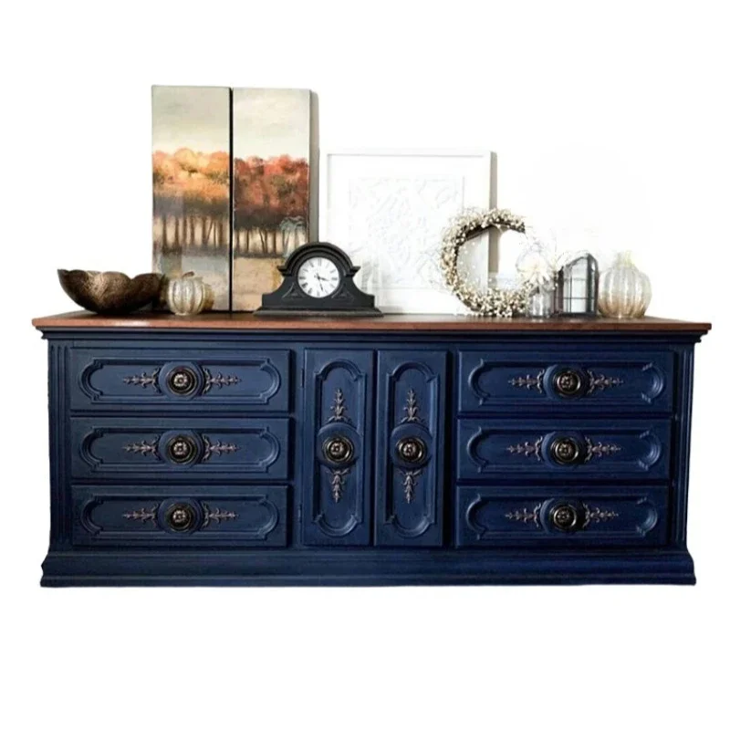 

American classical solid wood carving flower porch cabinet living room blue storage locker porch cabinet decorative cabinet