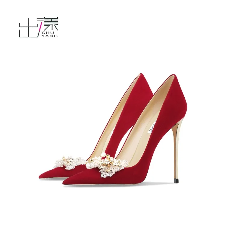 

Leather red suede beaded bow metal stiletto high heels shallow mouth banquet one pedal