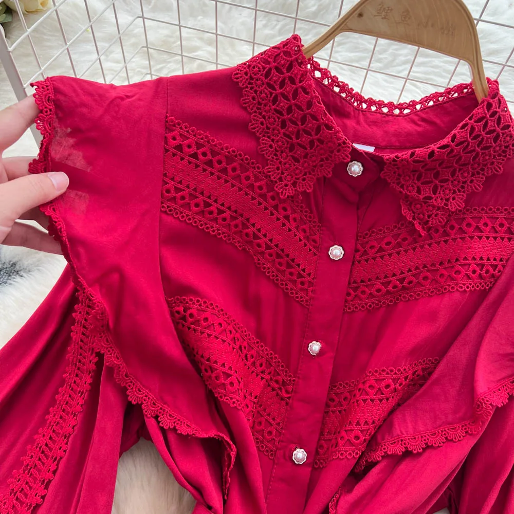 Chic vintage Single Breasted lace long sleeve pleated Elegant Fairy korean fashion Boho women clothing Long dress