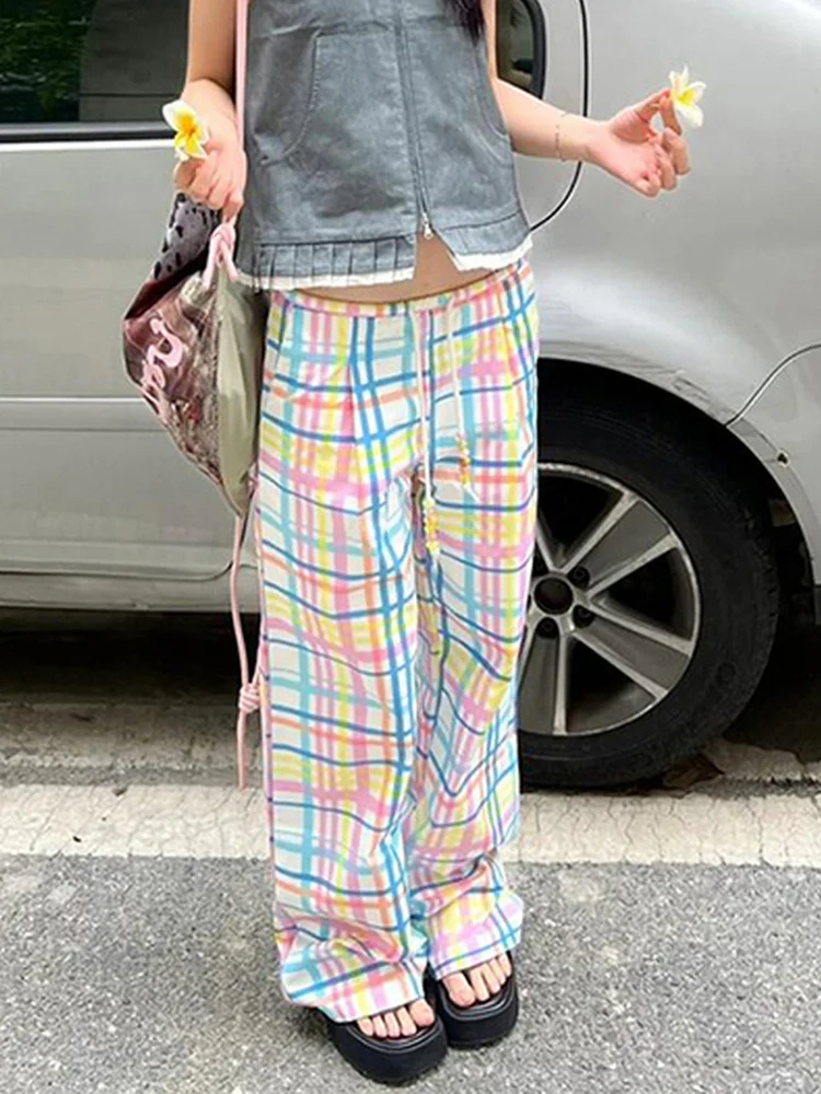 Retro American Casual Pants Women Summer  Plaid Wide Leg Loose Drapey Lazy Loose Feelings Trousers High Waist Straigh...