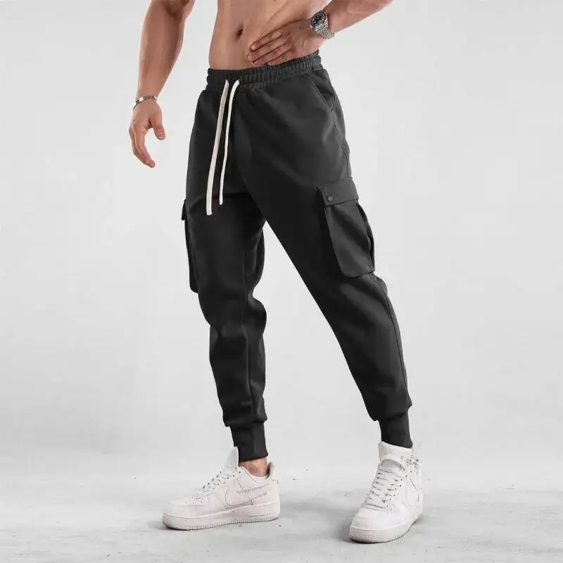 

High Street Autumn Casual Pants Men Solid Elastic Waist Drawstring Multiple Pockets Outdoor Motion Loose Cargo Haren Trousers