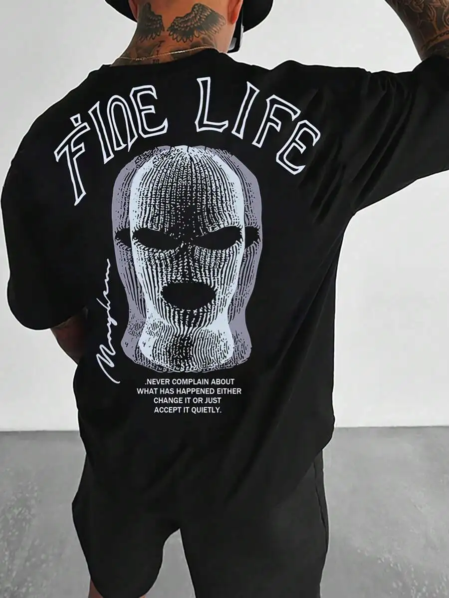 Roughcore Men Casual Drop Shoulder Short Sleeve T-Shirt With Printed Pattern, For Rapper, For Going Out