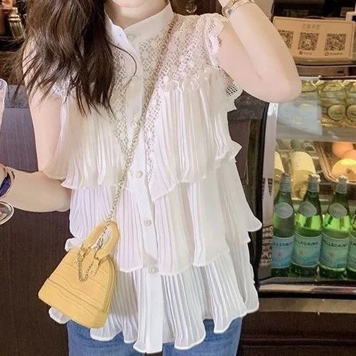 Elegant Solid Color Hollow out Chiffon Shirt Women's Sleeveless Top Slim Fit Versatile Short Style Summer New Design