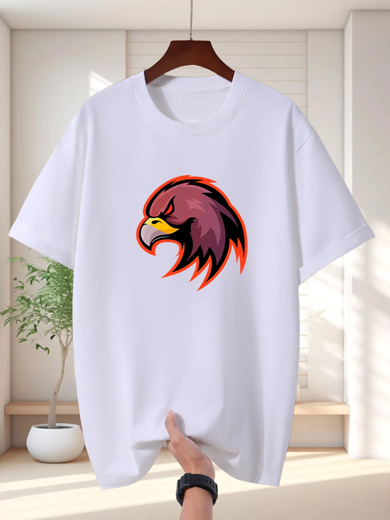 Stylish Eagle Head Print Men Short Sleeve Tshirt Red Outline Hawk Mascot O Neck Tee Bird Fan Casual Male Street Fashion Tops