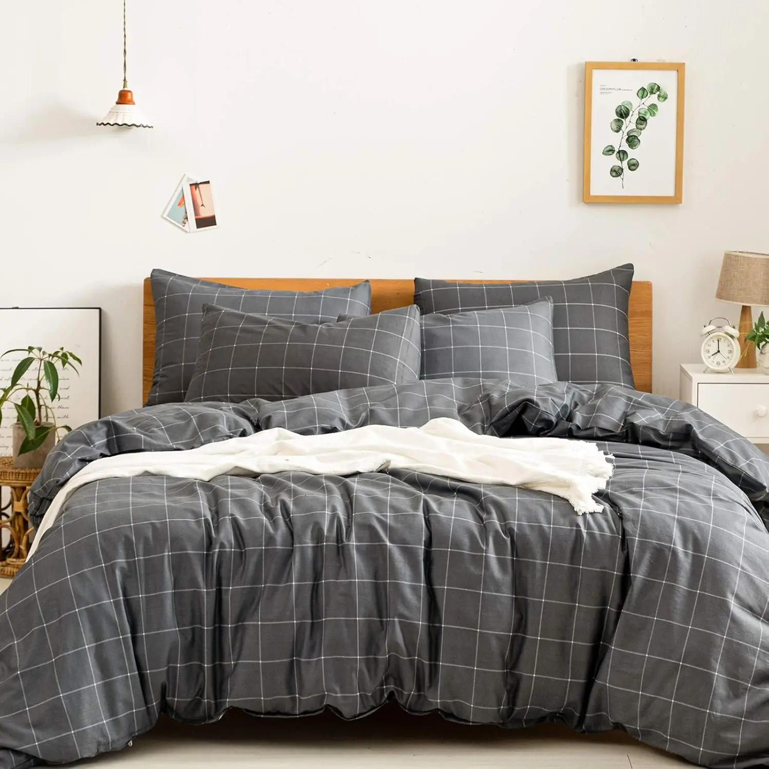 

100% Natural Cotton Plaid Duvet Cover Set, Black White Grid Pattern, Zipper Closure, Queen Size